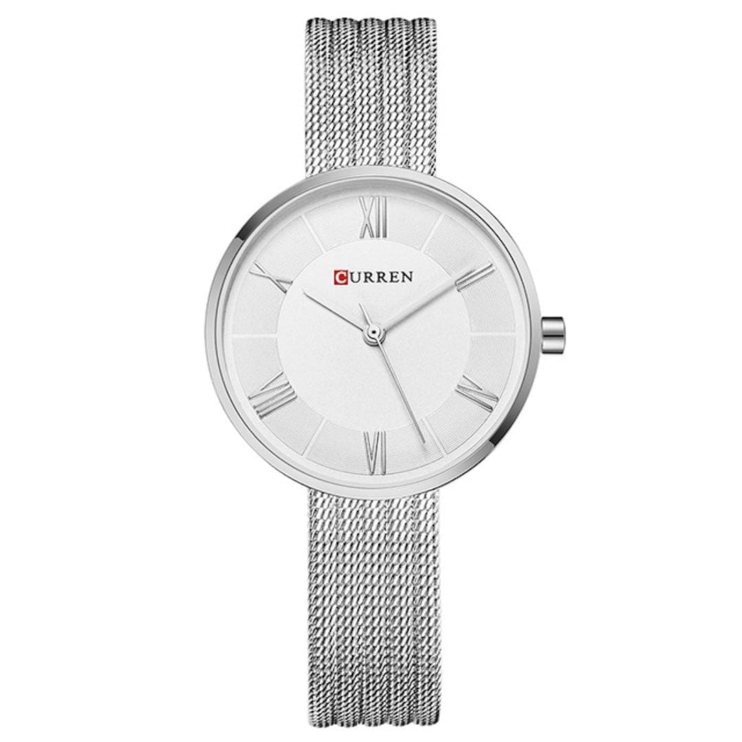 Ženski ručni sat Curren Donna Silver s bijelim brojčanikom i srebrnim metalnim remenom.