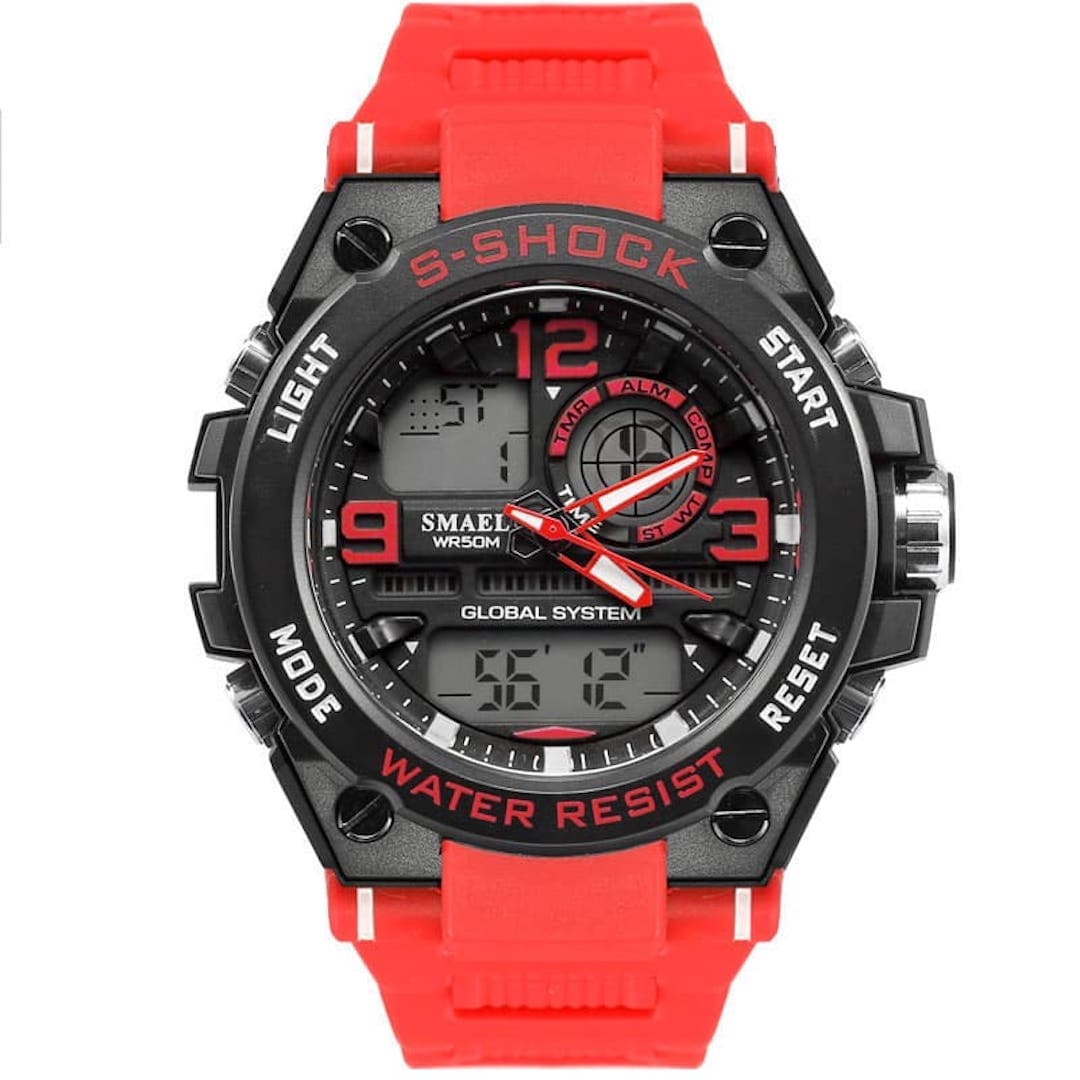 Muški ručni sat Smael S-shock GBA800DG-R s crvenim remenom i robusnim dizajnom.