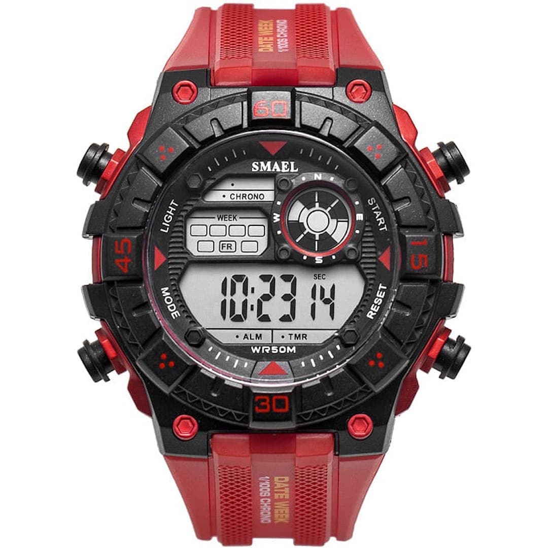 Muški ručni sat Smael S-shock GD950-R s crvenim remenom i digitalnim prikazom vremena.