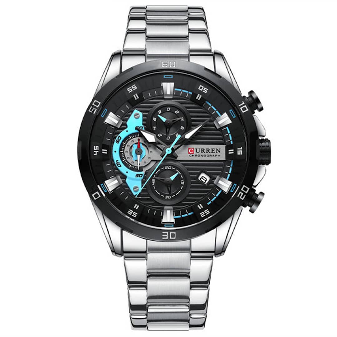 Muški ručni sat Curren Chronograf Blue s plavo-crnim brojčanikom i metalnim remenom.