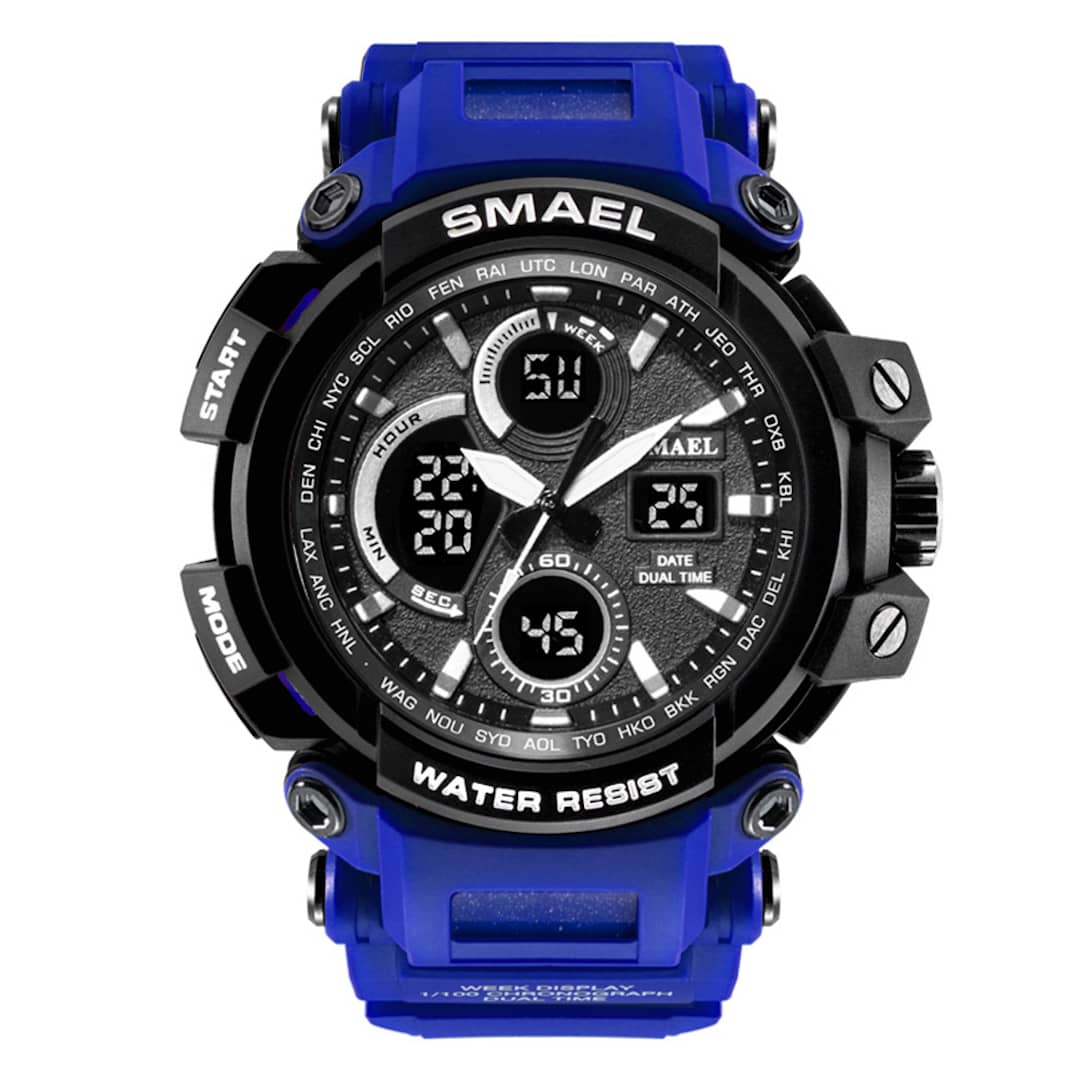 Robustan muški ručni sat Smael S-shock MTGB1000 Blue s izdržljivim crno-plavim dizajnom.