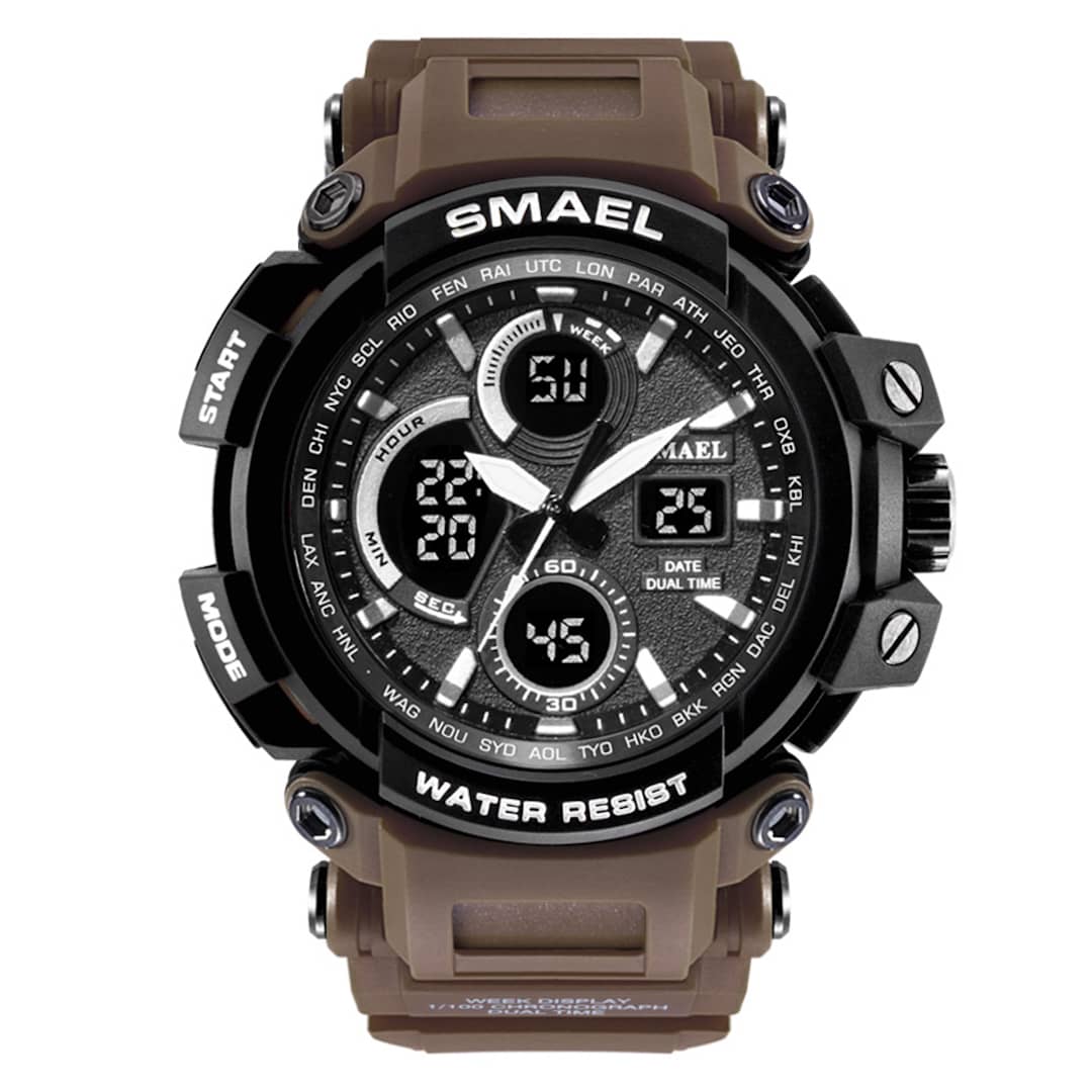 Robustan muški ručni sat Smael S-shock MTGB1000 Brown s izdržljivim smeđim dizajnom.