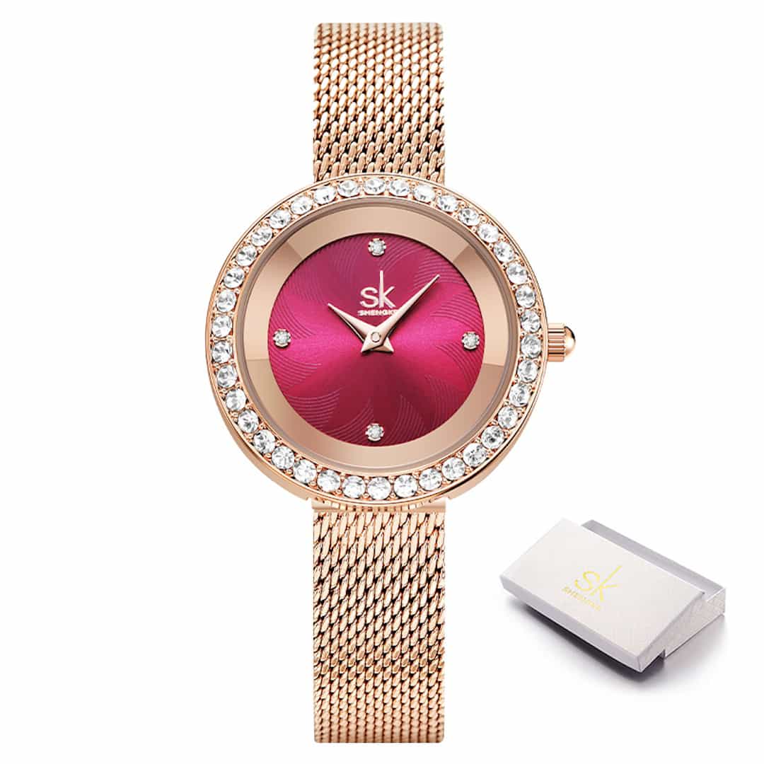 Ženski ručni sat SK Shengke Glitter Red – pogled sprijeda.