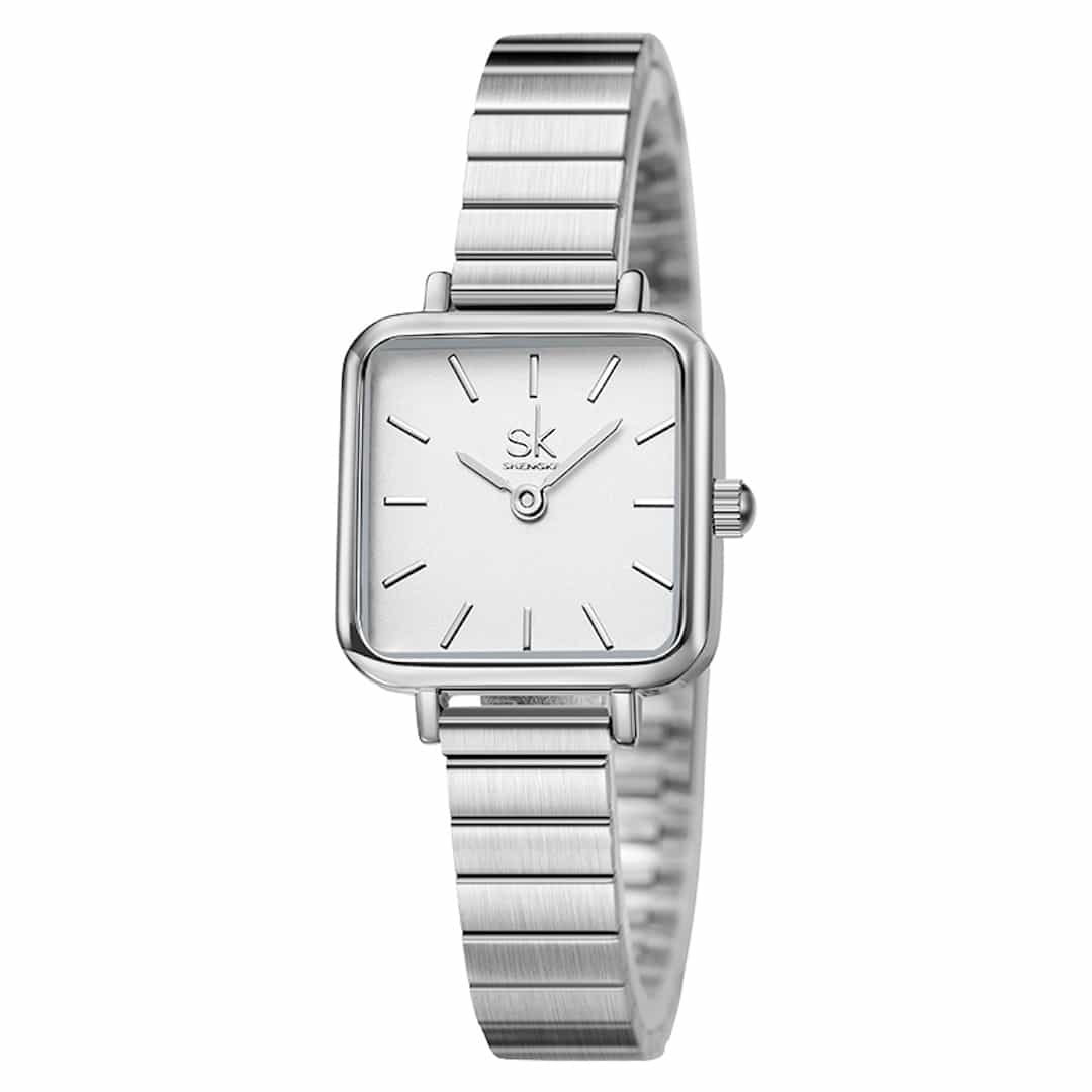 Ženski ručni sat SK Shengke Luxe Silver na bijeloj podlozi.