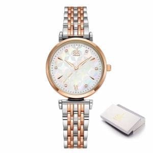 Ženski ručni sat SK Shengke Pearl Gold s metalnim remenom i bisernim brojčanikom.