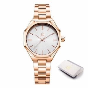 Ženski ručni sat SK Shengke Quantum Rose Gold s remenom u ružičasto-zlatnoj boji i srebrnim brojčanikom s ružičasto-zlatnim kazaljkama.