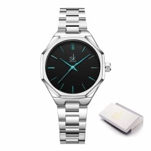 Ženska ručna ura SK Shengke Quantum Silver sa srebrnim remenom i crnim brojčanikom.