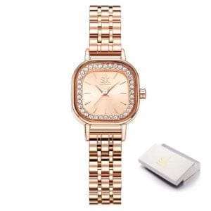 Ženski ručni sat SK Shengke Radiant Rose Gold s kvadratnim brojčanikom i kristalima.