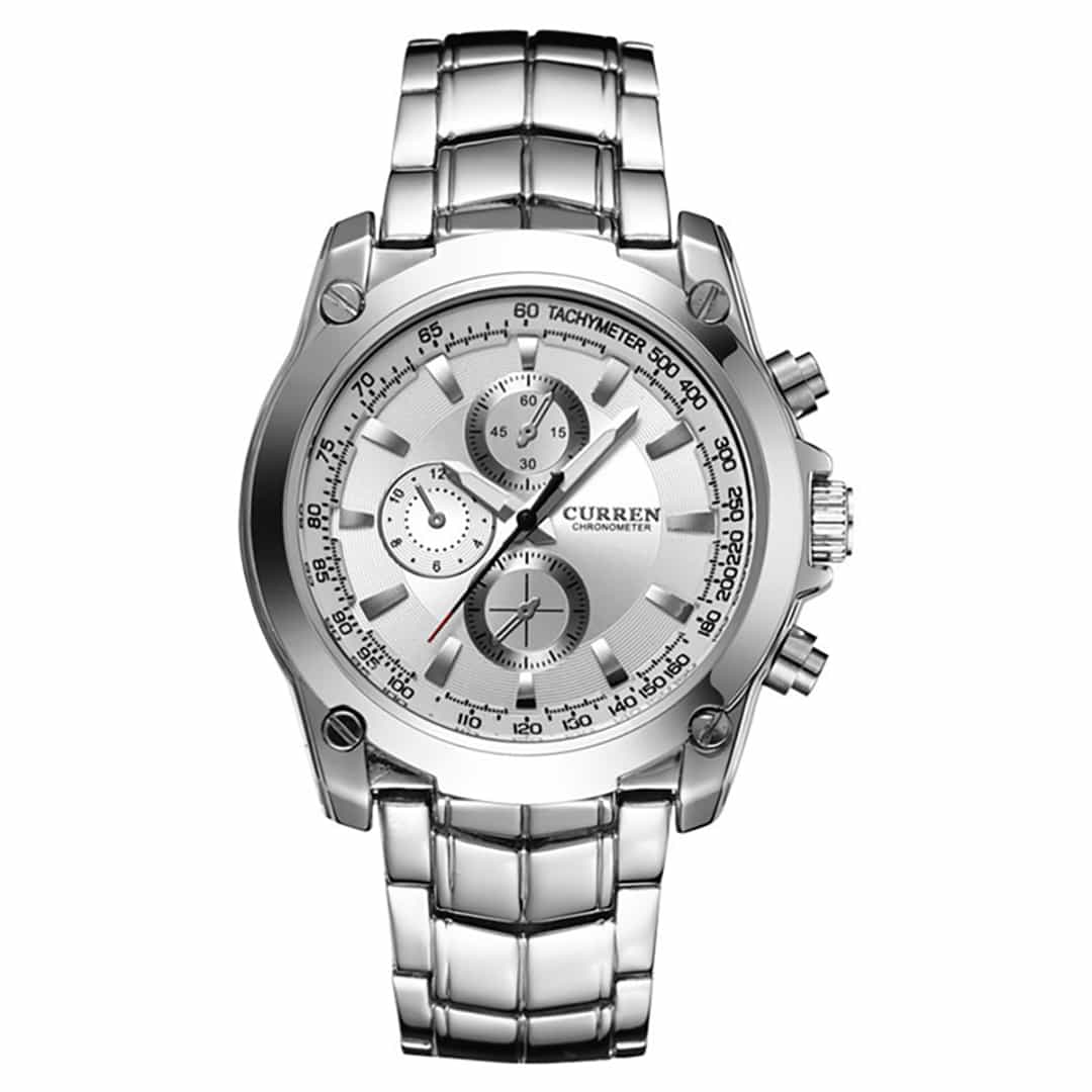 Muški ručni sat Curren Prestige Silver s metalnim srebrnim kućištem, kronografom i luminiscentnim kazaljkama za elegantan i funkcionalan izgled.