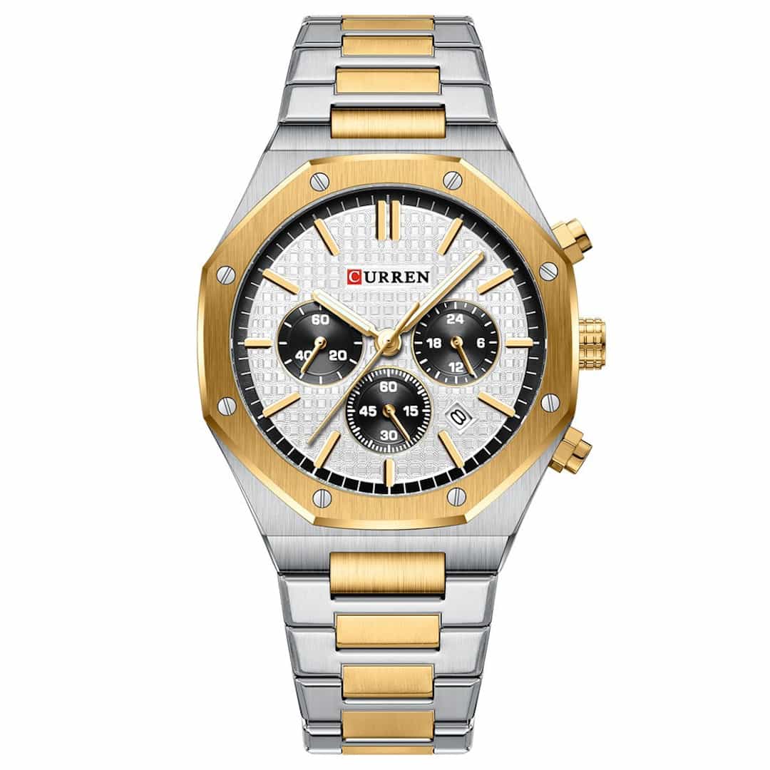 Muški ručni sat Curren Royal Gold/White s bijelim brojčanikom i dvobojnom metalnom narukvicom.