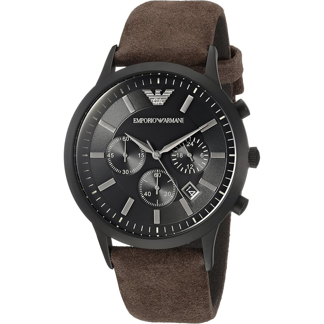 Muški ručni sat Emporio Armani AR11078 s crnim brojčanikom i smeđim remenom.