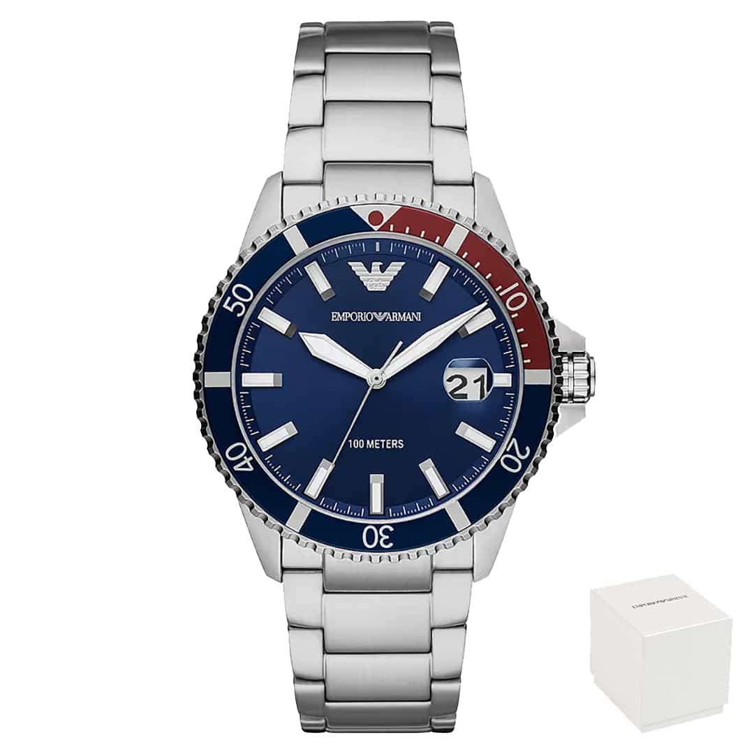 Muški ručni sat Emporio Armani AR11339 sa srebrnom narukvicom i dvobojnom lunetom.