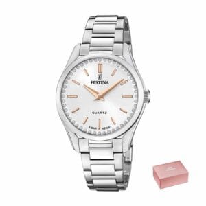 Ženski ručni sat Festina Mademoiselle 20583-1 sa srebrnim kućištem, kristalima na ringu i kazaljkama u rose gold boji. Elegantan i profinjen izbor.