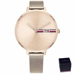 Ženski sat Tommy Hilfiger 1782158 u rose gold boji s minimalističkim brojčanikom i mrežastom narukvicom od nehrđajućeg čelika.
