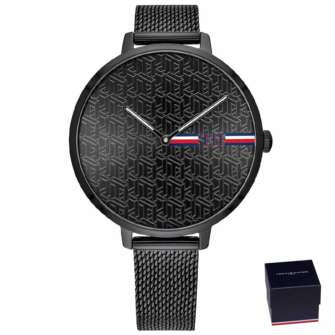 Ženski sat Tommy Hilfiger 1782160 s crnim brojčanikom i mrežastom narukvicom od nehrđajućeg čelika. Minimalistički dizajn. 