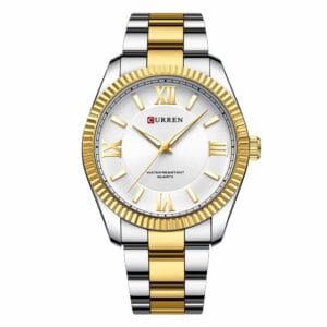 Muški ručni sat Curren Regent Gold/White s crnim brojčanikom, zlatnim rimskim brojevima i dvobojnim metalnim remenom.