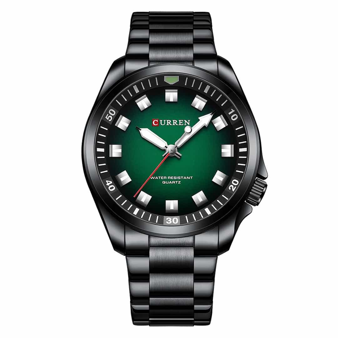Muški ručni sat Curren Voyager Emerald s crnim metalnim remenom i smaragdno zelenim brojčanikom.
