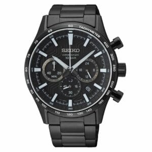 Muški ručni sat Seiko Chronograph SSB415P1 u crnoj boji s analognim prikazom vremena, kronografom i tahimetarskom skalom.