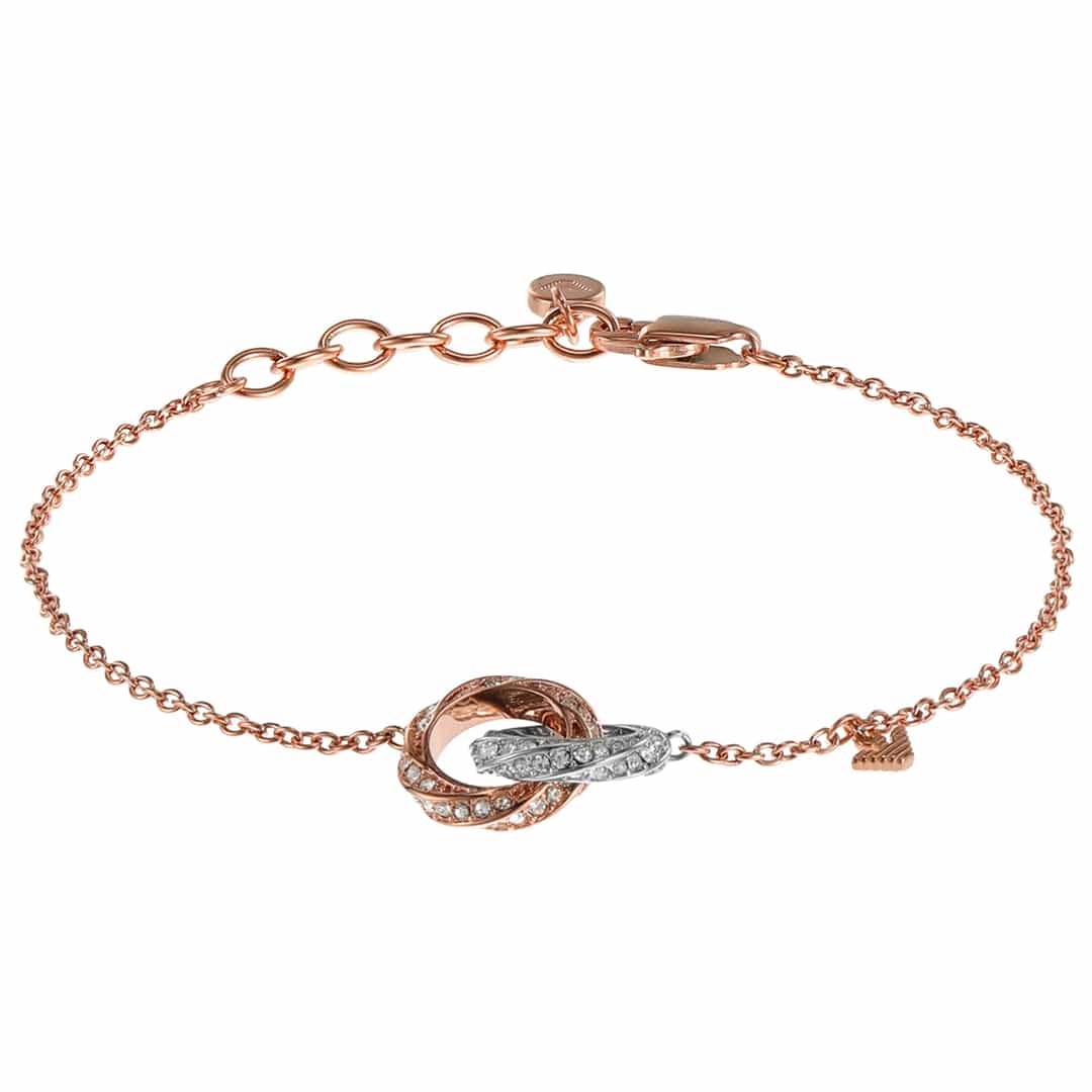 Ženska narukvica Emporio Armani EGS3005221 u dvobojnoj kombinaciji rose gold i srebrne, ukrašena kristalima.