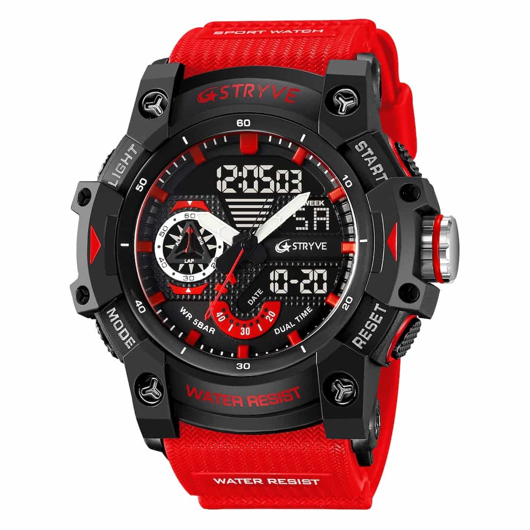Muški sportski sat Stryve Blast Red s analognim i digitalnim prikazom te crvenim remenom