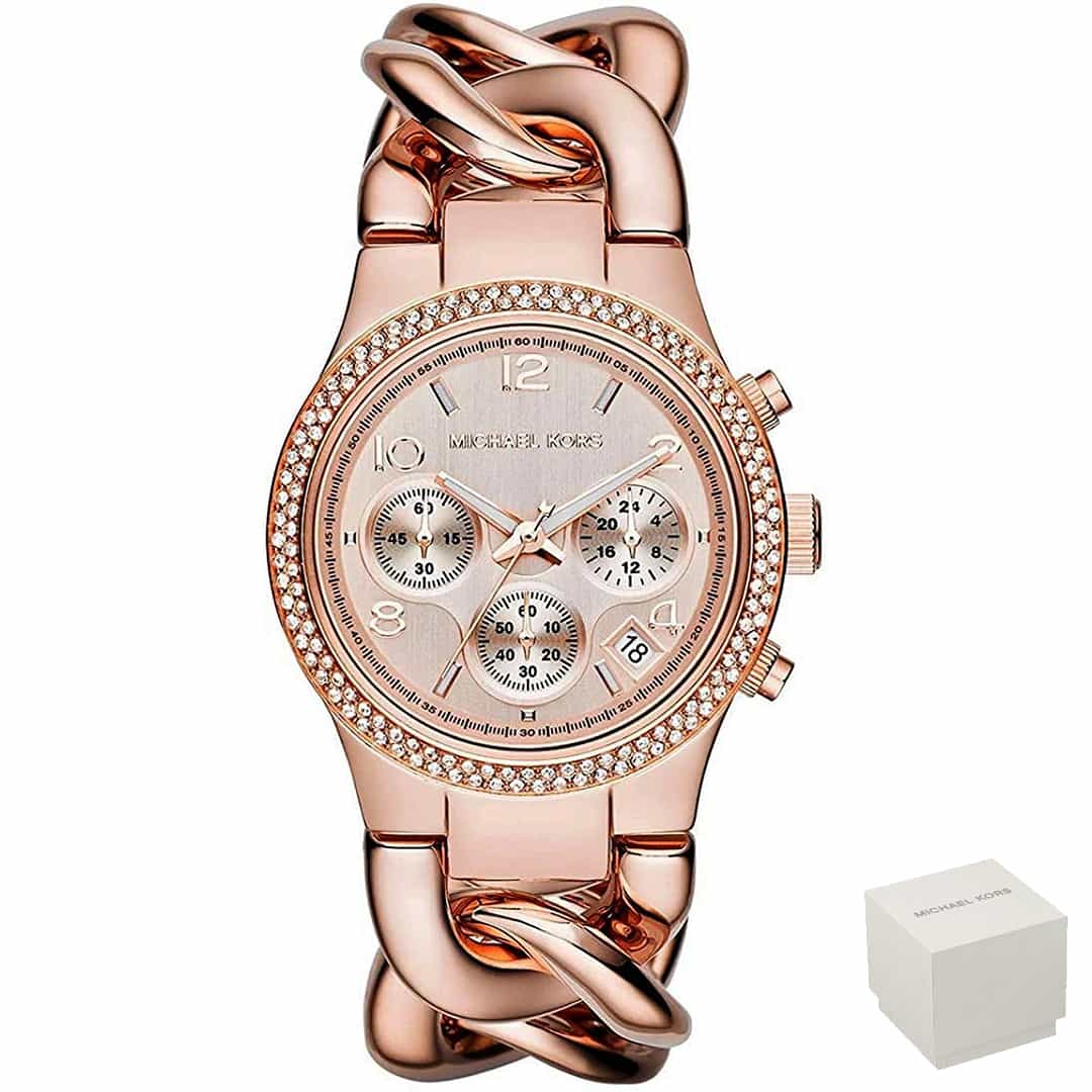 Ženski rose gold sat Michael Kors Runway Twist MK3247 s kristalima oko brojčanika i lančanom narukvicom