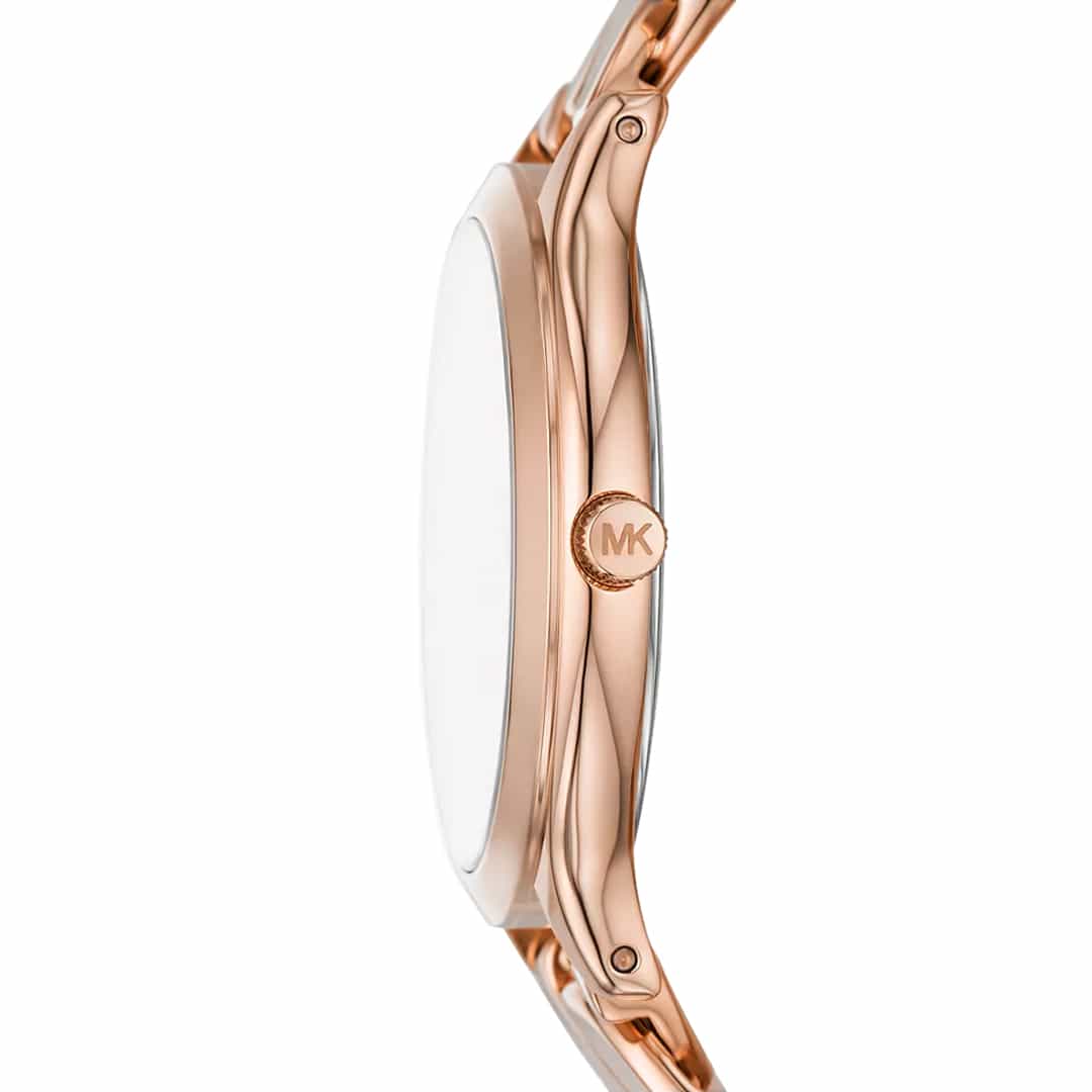 Bočni profil sata Michael Kors MK7473 s ugraviranim MK na krunici u rose gold izvedbi