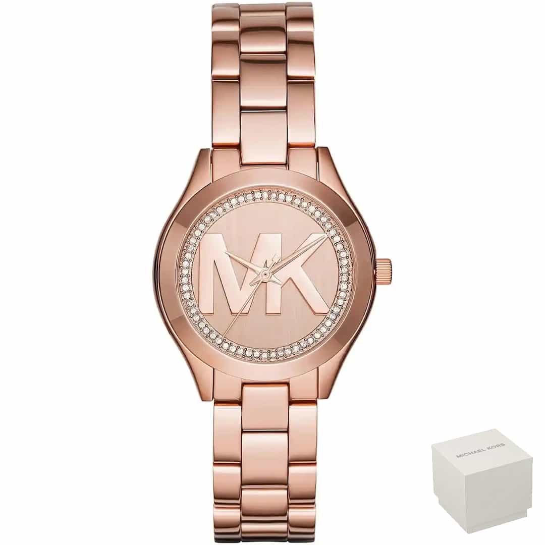 Ženski sat Michael Kors Mini Slim Runway MK3549 u rose gold nijansi s kristalima i velikim MK logotipom.