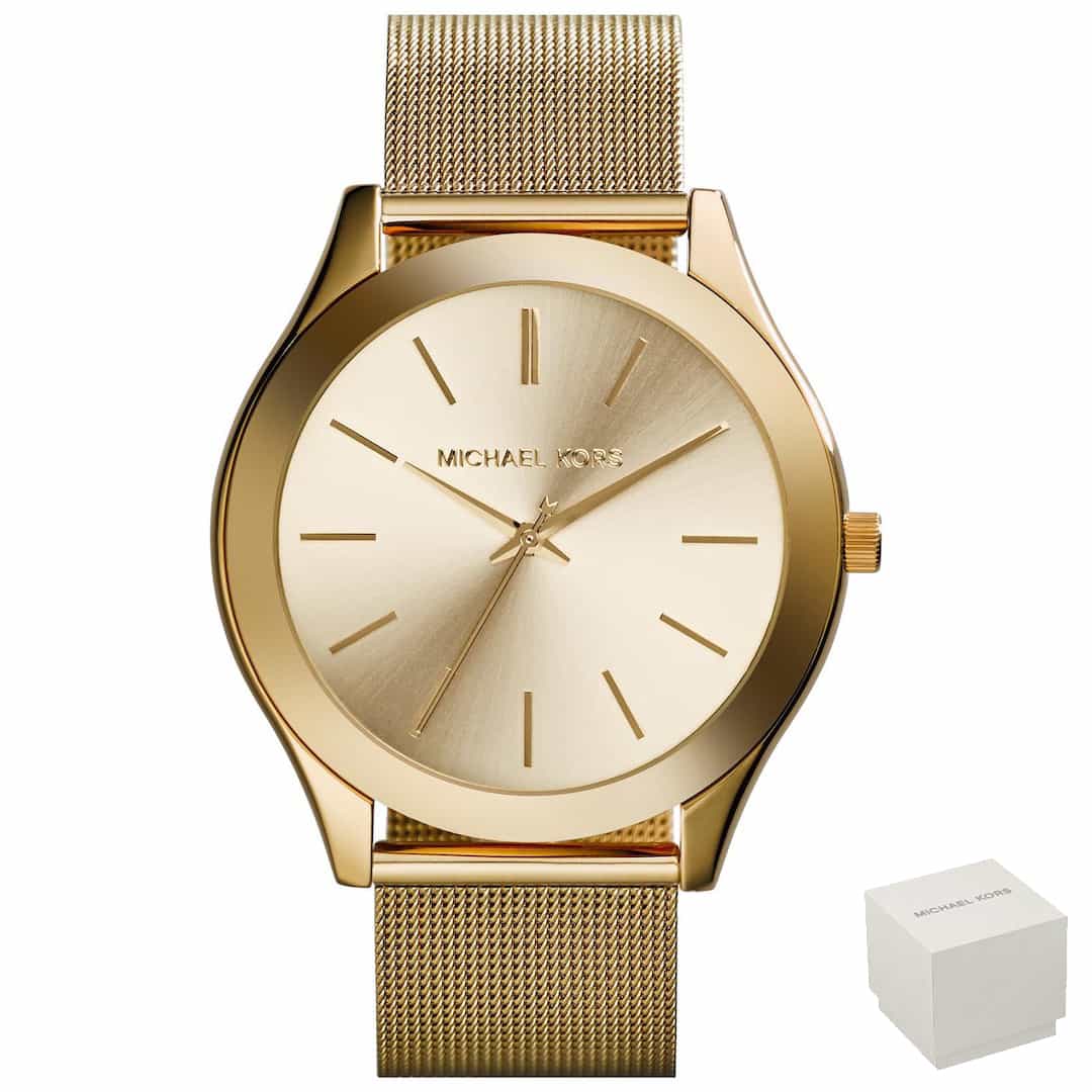 Zlatni ženski sat Michael Kors Slim Runway MK3282 na zapešću sa sjajnim brojčanikom