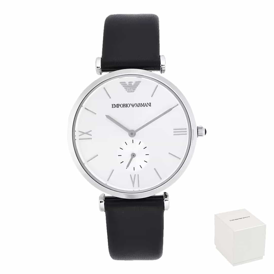 Muški ručni sat Emporio Armani AR1674 sa srebrnim brojčanikom i crnim kožnim remenom, uz originalnu poklon kutiju.