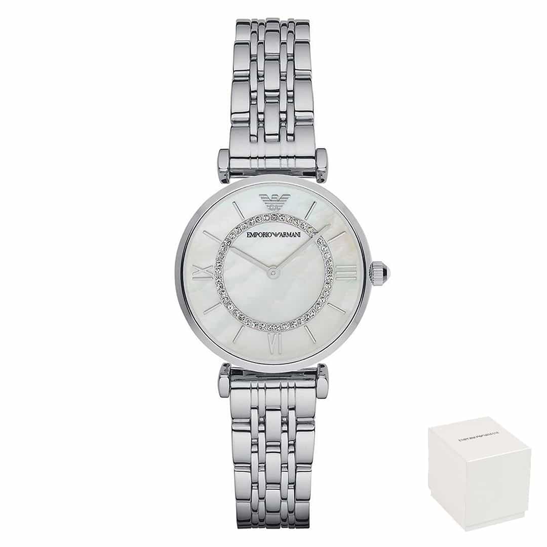 Ženski sat Emporio Armani AR1908 s bisernim brojčanikom, kristalima i metalnom narukvicom, uz poklon kutiju