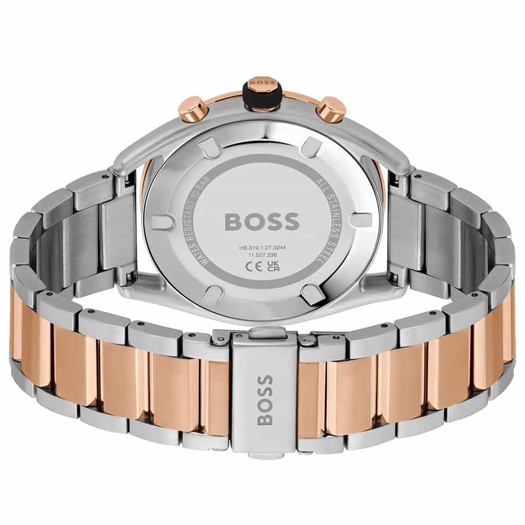Pogled na stražnju stranu sata Hugo Boss 1514026 s metalnim remenom i gravurom