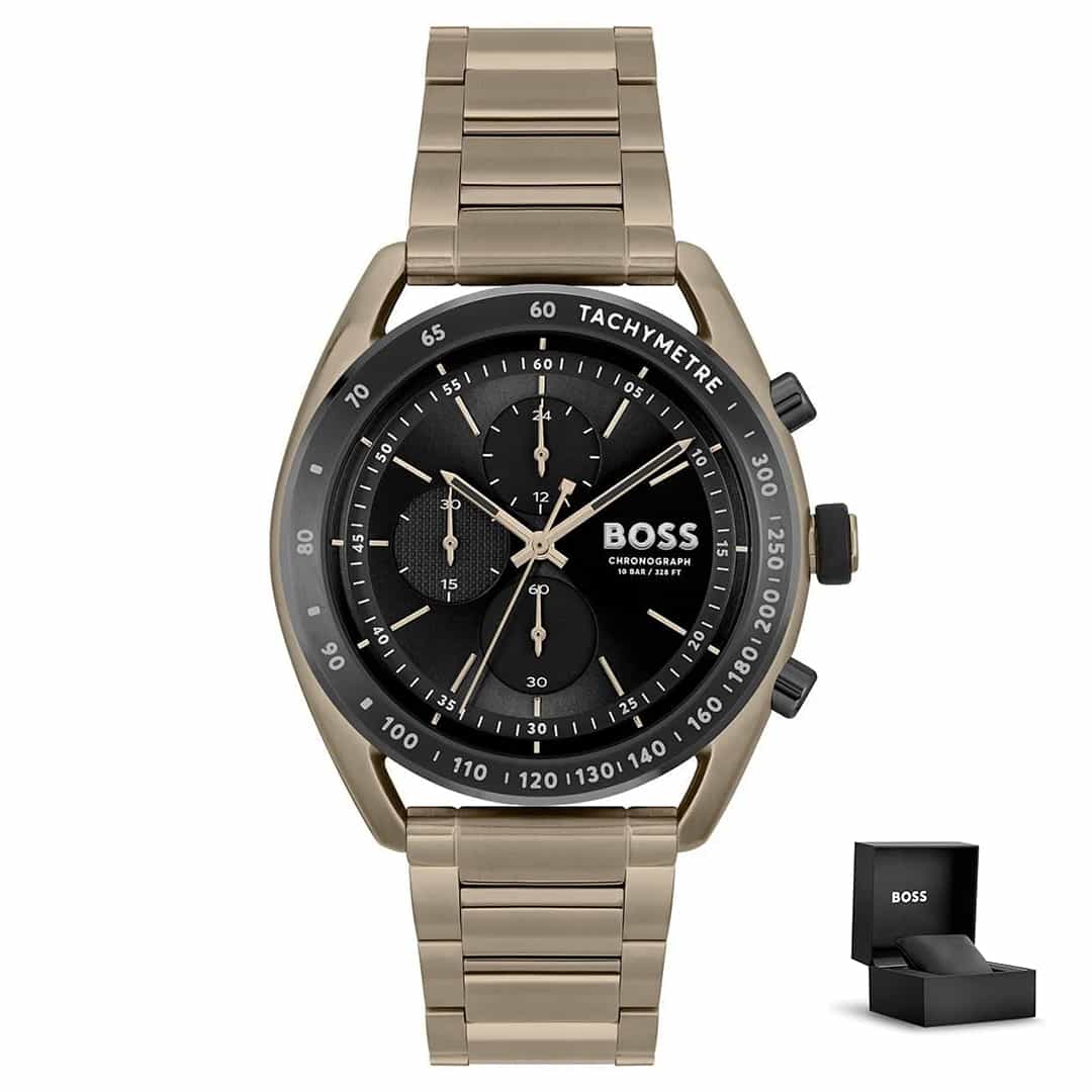 Muški sat Hugo Boss Centre Court 1514027 s kutijom, crnim brojčanikom i svijetlosmeđim metalnim remenom<br>