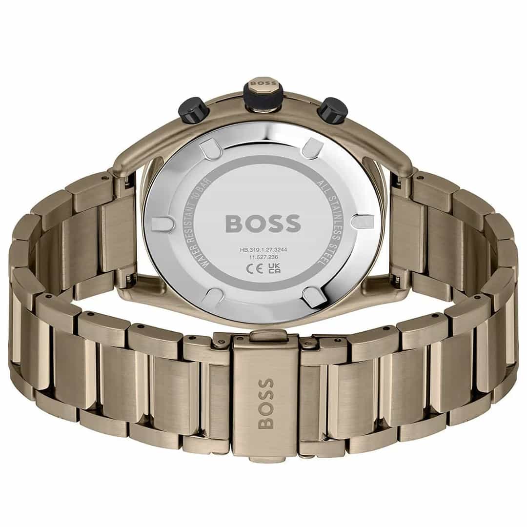 Stražnja strana sata Hugo Boss 1514027 s gravurom i metalnim remenom u svijetlosmeđoj boji