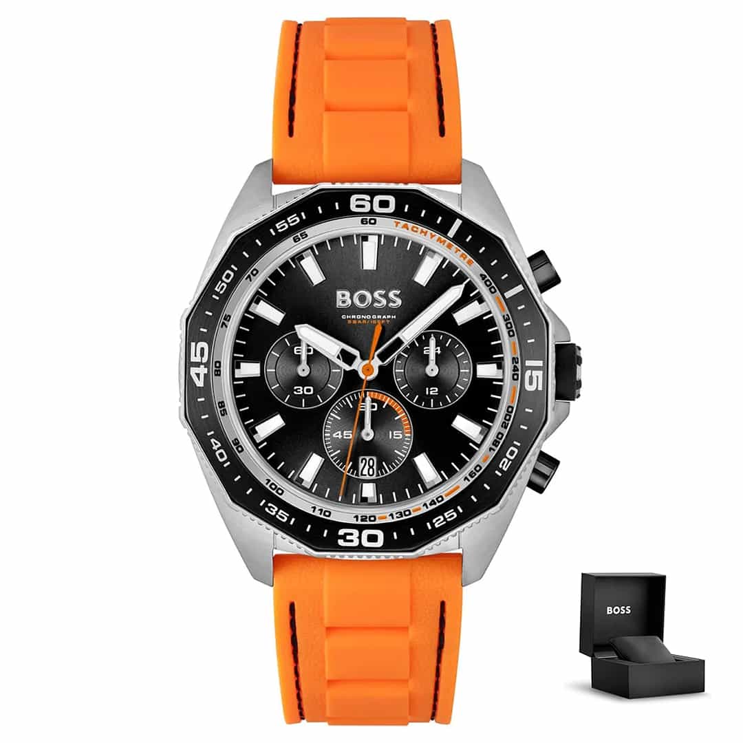 Muški sportski sat Hugo Boss Energy Chronograph 1513970 s narančastom silikonskom narukvicom, crnim brojčanikom i poklon kutijom