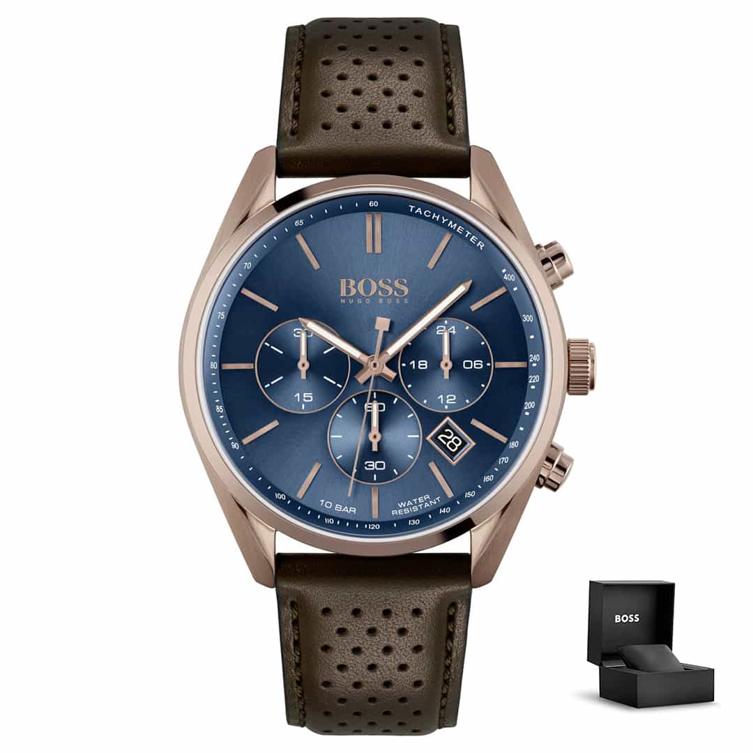 Muški sat Hugo Boss Champion 1513817 s plavim brojčanikom, rose gold kućištem, kožnim remenom i poklon kutijom