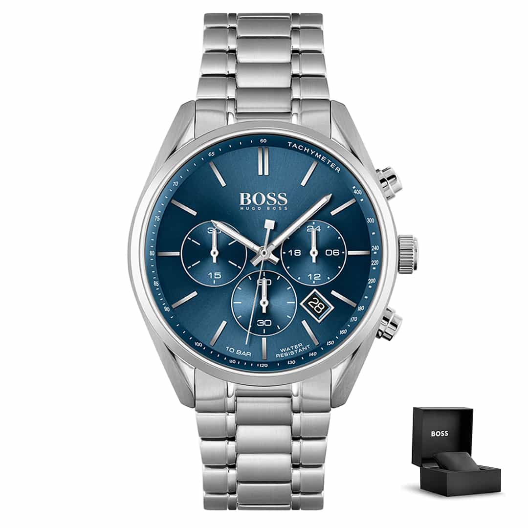 Muški sat Hugo Boss Champion 1513818 s plavim brojčanikom, srebrnom metalnom narukvicom, kronografom i poklon kutijom