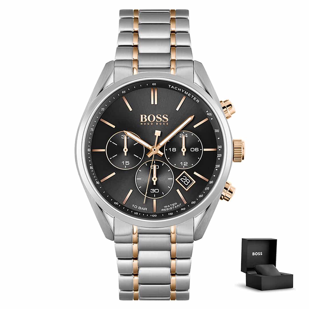 Muški sat Hugo Boss Champion 1513819 s srebrno-rose gold metalnom narukvicom, crnim brojčanikom, kronografom i poklon kutijom