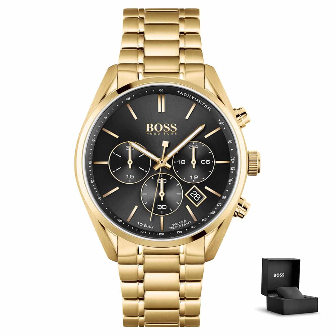 Muški sat Hugo Boss Champion 1513848 u zlatnoj izvedbi s crnim brojčanikom, kronografom i poklon kutijom