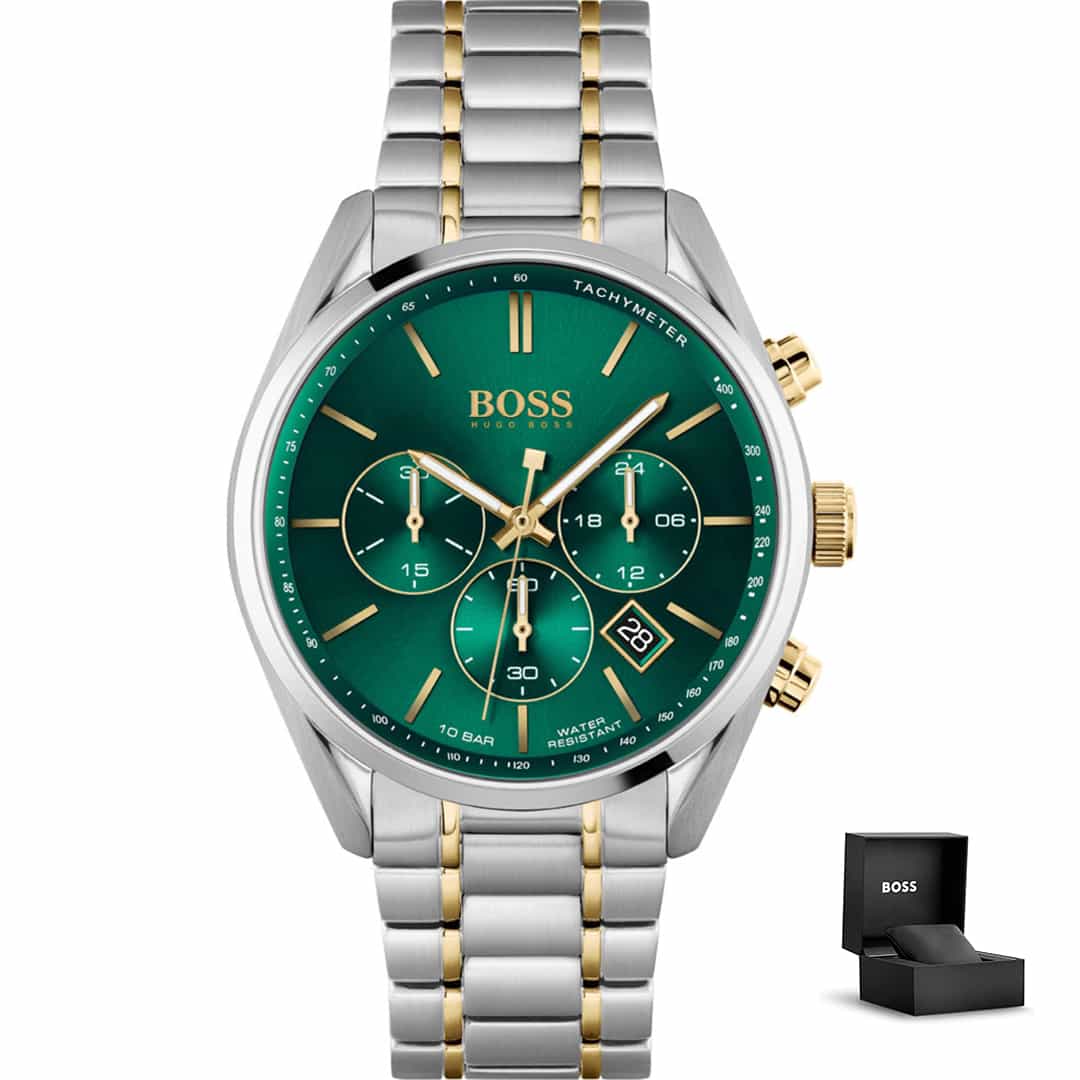 Muški sat Hugo Boss Champion 1513878 sa zelenim brojčanikom, srebrno-zlatnom metalnom narukvicom, kronografom i poklon kutijom<br>