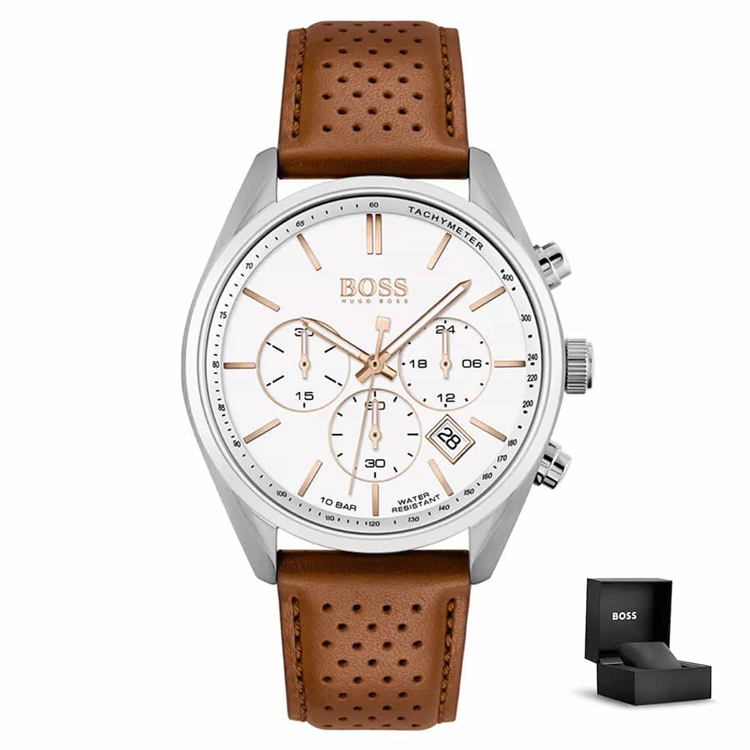 Muški sat Hugo Boss Champion 1513879 s bijelim brojčanikom, srebrnim kućištem, svijetlosmeđim kožnim remenom i poklon kutijom<br>