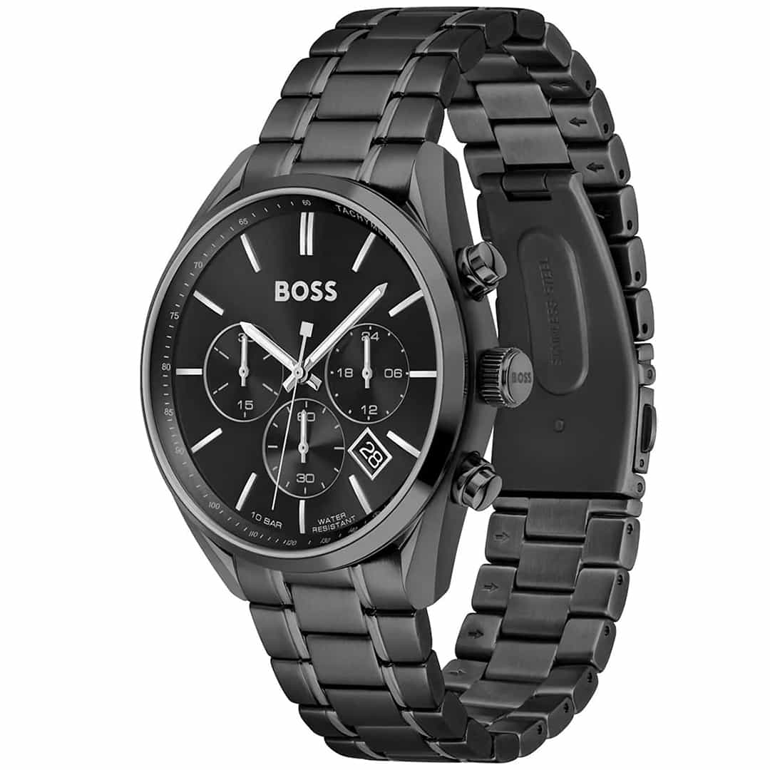 Bočni pogled na crni sat Hugo Boss Champion 1513960 s kronografom i metalnom narukvicom