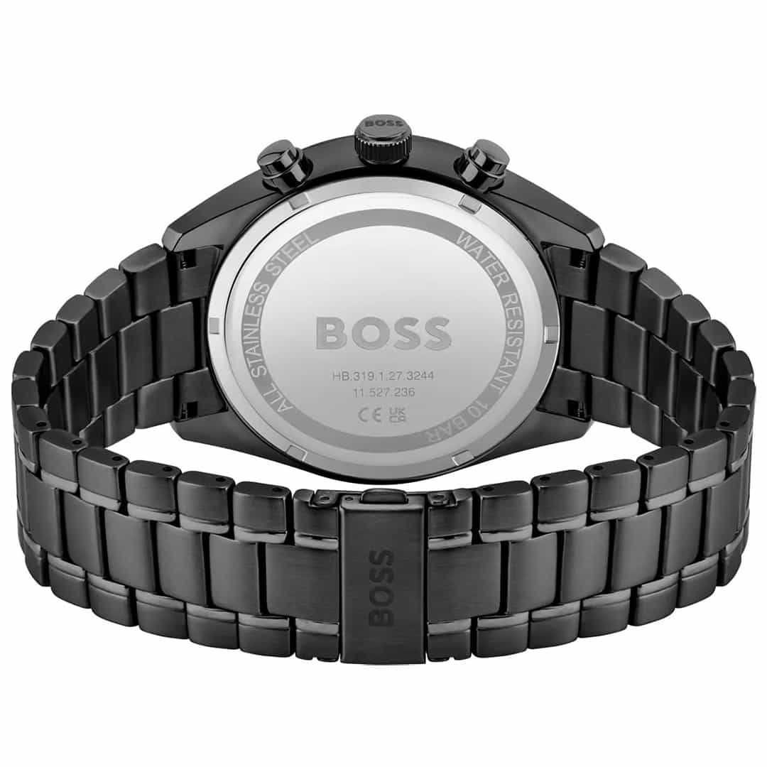 Pogled na stražnju stranu sata Hugo Boss Champion 1513960 s crnom metalnom narukvicom i gravurom