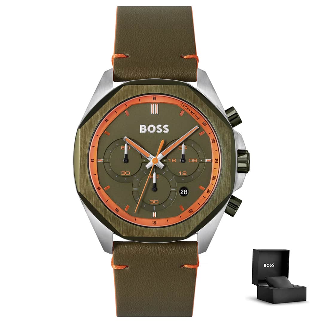 Hugo Boss Cloud 1514018 s poklon kutijom – zelena brojčanika s narančastim detaljima<br>