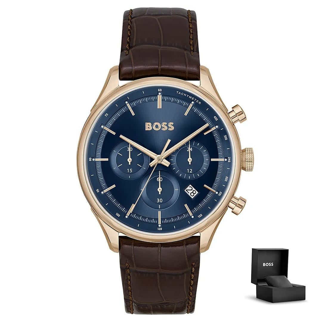Muški sat Hugo Boss Gregor 1514050 s kutijom – rose gold kućište, plavi brojčanik, smeđi kožni remen