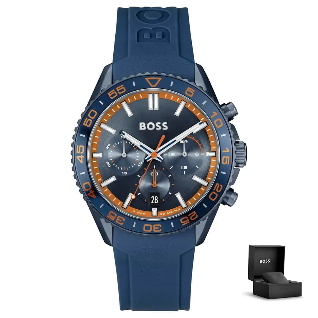 Muški sat Hugo Boss Runner 1514142 s kutijom – tamnoplavi remen i narančasti detalji