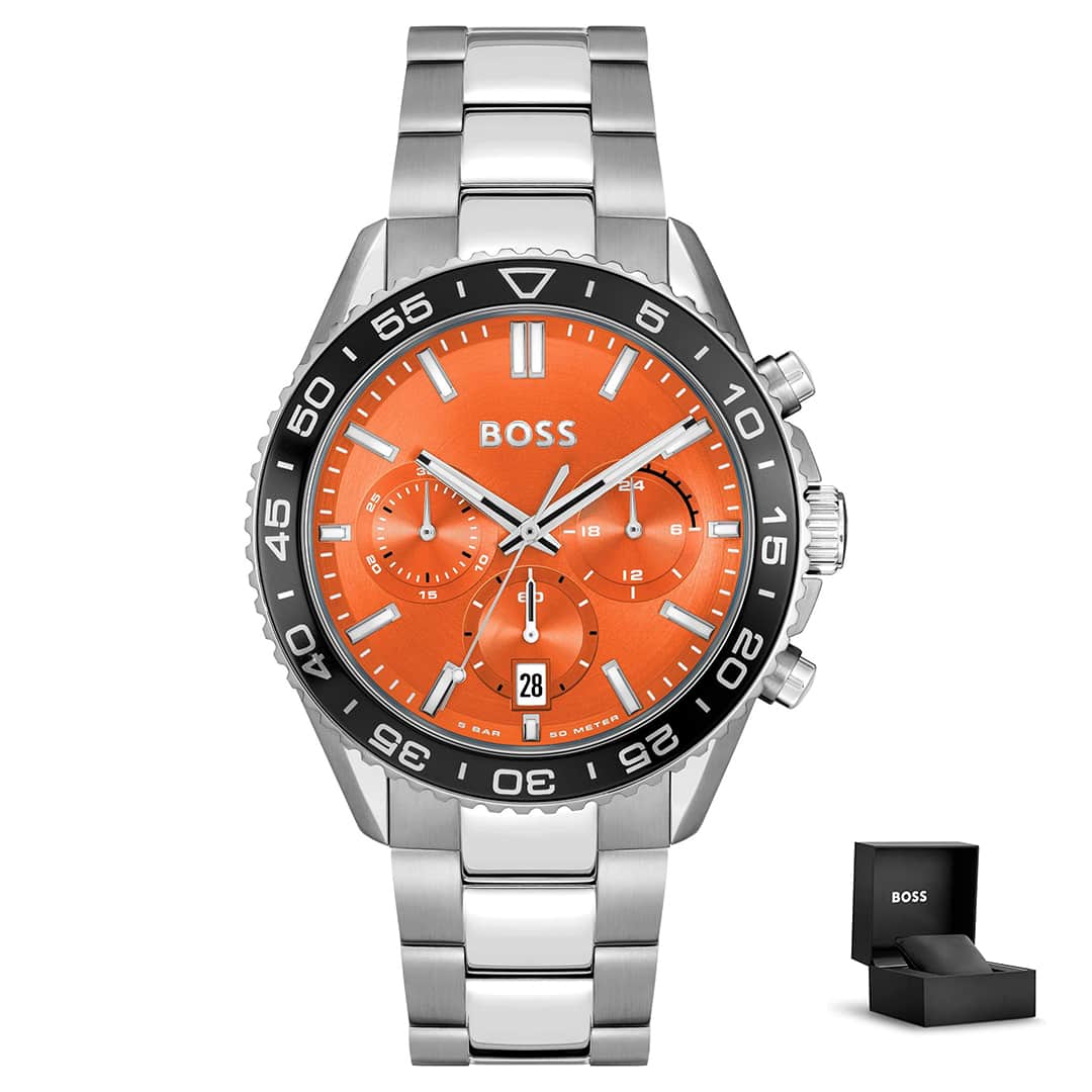 Muški sat Hugo Boss Runner 1514162 s kutijom – narančasti brojčanik i metalna narukvica<br>