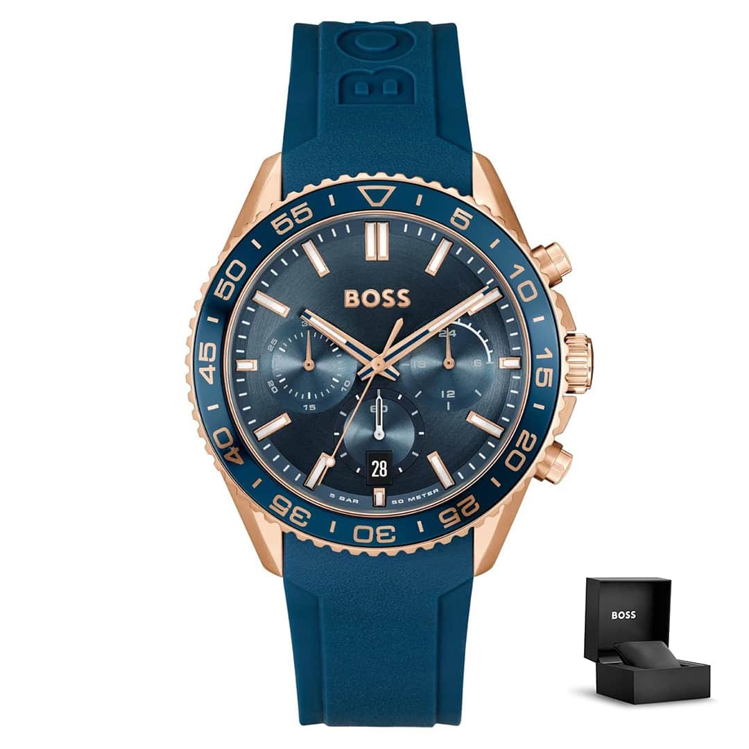 Muški sat Hugo Boss Runner 1514169 s kutijom – kućište u rose gold boji i plavi silikonski remen<br>