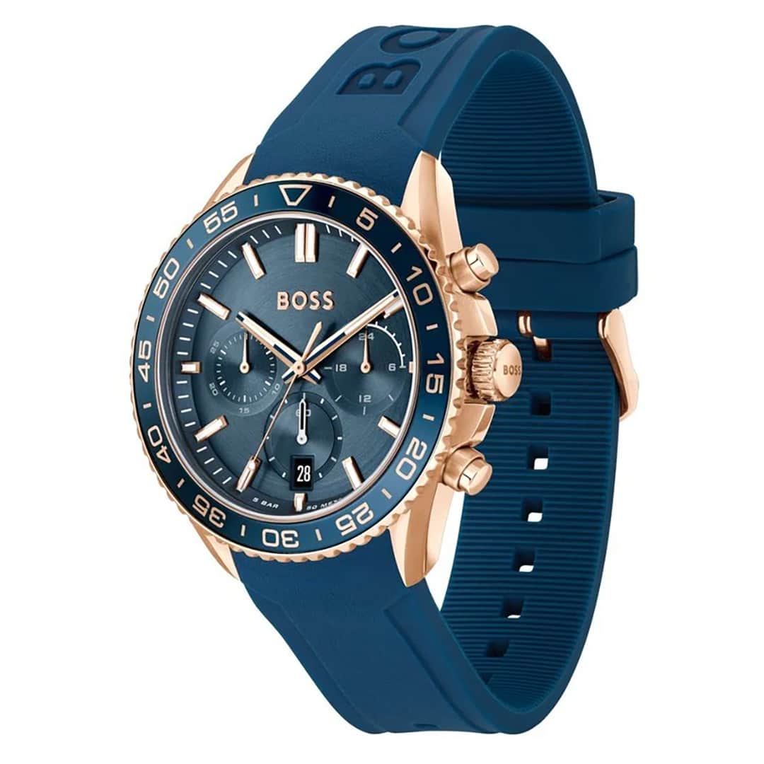 Hugo Boss Runner 1514169 – bočni pogled na plavi brojčanik i rose gold detalje