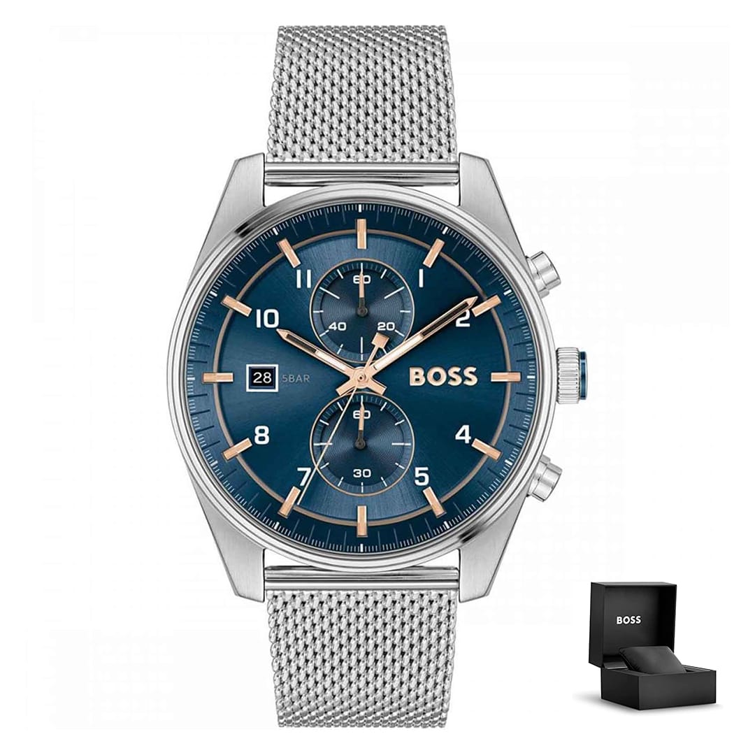 Muški sat Hugo Boss Skytraveller 1514149 sa srebrnom mrežastom narukvicom i plavim brojčanikom, prikazan s originalnom poklon-kutijom