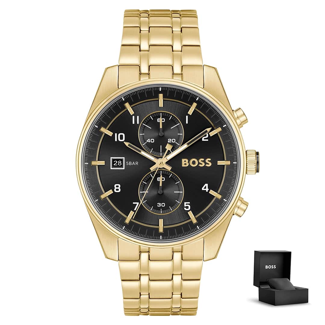 Muški sat Hugo Boss Skytraveller 1514152 sa zlatnom metalnom narukvicom i kutijom